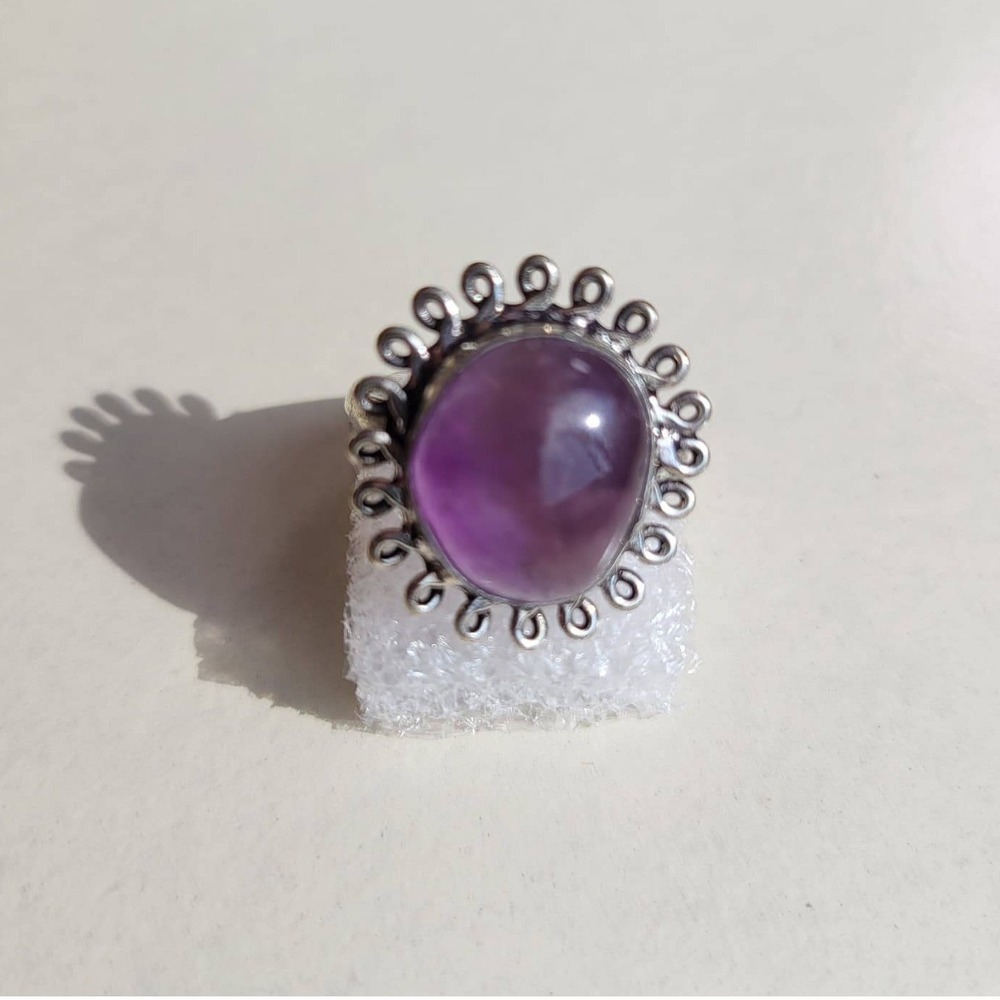 925 Sterling Silver Amethyst Cabochon Statement Ring Vintage Boho